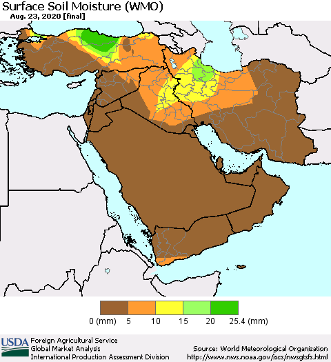 Middle East and Turkey Surface Soil Moisture (WMO) Thematic Map For 8/17/2020 - 8/23/2020
