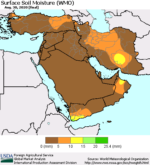 Middle East and Turkey Surface Soil Moisture (WMO) Thematic Map For 8/24/2020 - 8/30/2020