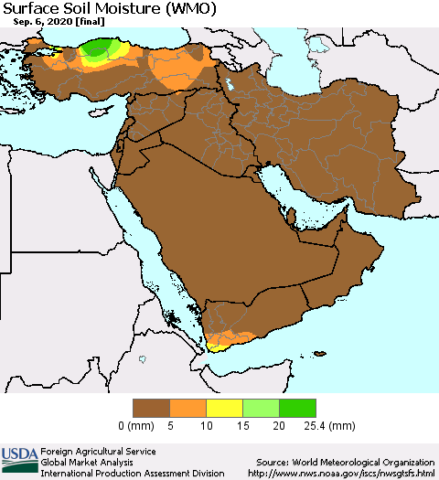 Middle East and Turkey Surface Soil Moisture (WMO) Thematic Map For 8/31/2020 - 9/6/2020