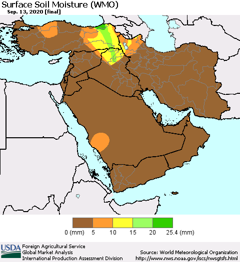 Middle East and Turkey Surface Soil Moisture (WMO) Thematic Map For 9/7/2020 - 9/13/2020