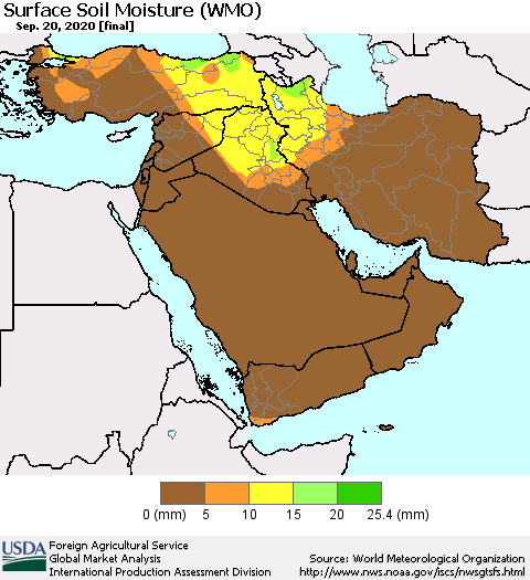 Middle East and Turkey Surface Soil Moisture (WMO) Thematic Map For 9/14/2020 - 9/20/2020