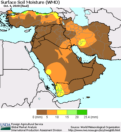 Middle East and Turkey Surface Soil Moisture (WMO) Thematic Map For 9/28/2020 - 10/4/2020