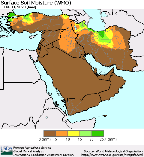 Middle East and Turkey Surface Soil Moisture (WMO) Thematic Map For 10/5/2020 - 10/11/2020