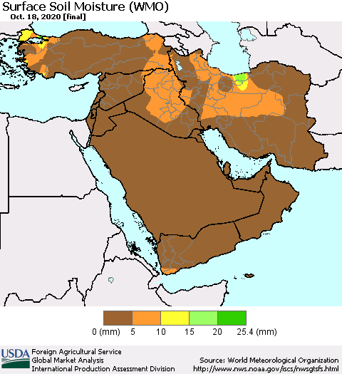 Middle East and Turkey Surface Soil Moisture (WMO) Thematic Map For 10/12/2020 - 10/18/2020