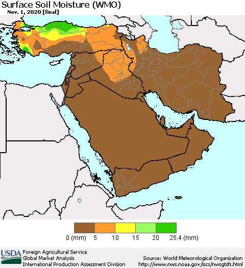 Middle East and Turkey Surface Soil Moisture (WMO) Thematic Map For 10/26/2020 - 11/1/2020