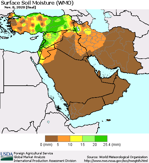Middle East and Turkey Surface Soil Moisture (WMO) Thematic Map For 11/2/2020 - 11/8/2020
