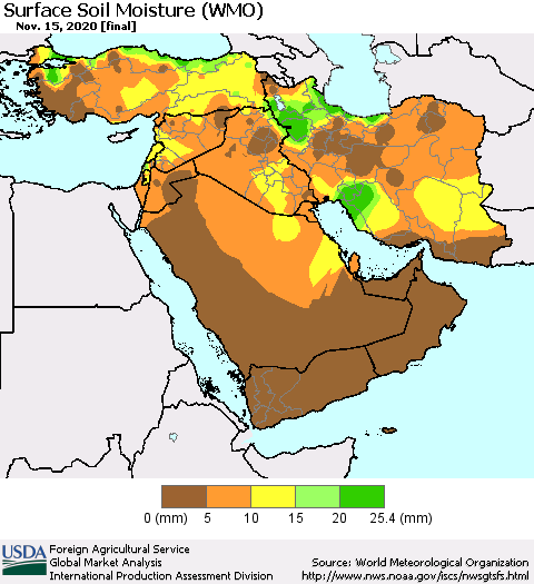 Middle East and Turkey Surface Soil Moisture (WMO) Thematic Map For 11/9/2020 - 11/15/2020