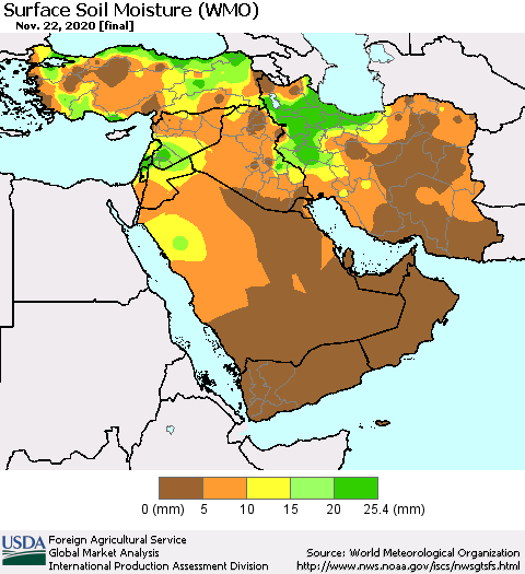 Middle East and Turkey Surface Soil Moisture (WMO) Thematic Map For 11/16/2020 - 11/22/2020