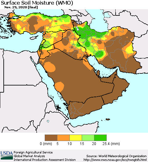 Middle East and Turkey Surface Soil Moisture (WMO) Thematic Map For 11/23/2020 - 11/29/2020