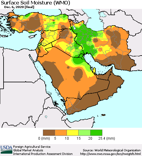 Middle East and Turkey Surface Soil Moisture (WMO) Thematic Map For 11/30/2020 - 12/6/2020