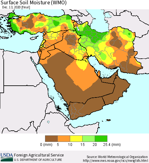 Middle East and Turkey Surface Soil Moisture (WMO) Thematic Map For 12/7/2020 - 12/13/2020