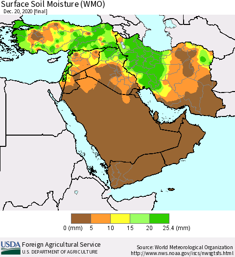 Middle East and Turkey Surface Soil Moisture (WMO) Thematic Map For 12/14/2020 - 12/20/2020