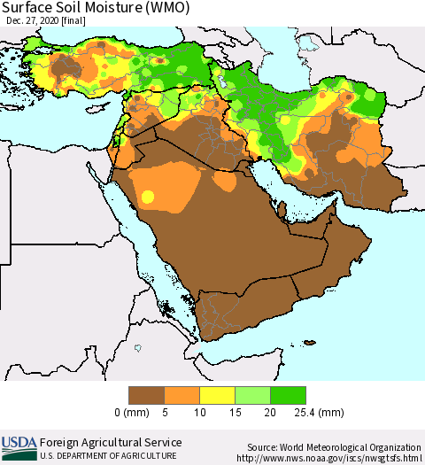 Middle East and Turkey Surface Soil Moisture (WMO) Thematic Map For 12/21/2020 - 12/27/2020