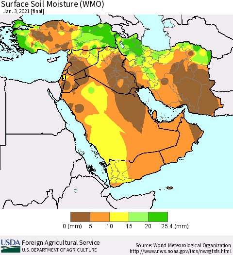 Middle East and Turkey Surface Soil Moisture (WMO) Thematic Map For 12/28/2020 - 1/3/2021