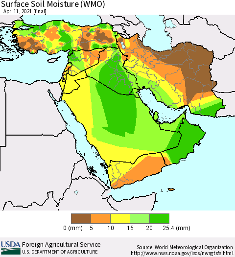 Middle East and Turkey Surface Soil Moisture (WMO) Thematic Map For 4/5/2021 - 4/11/2021