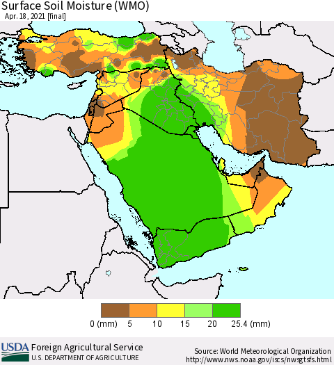 Middle East and Turkey Surface Soil Moisture (WMO) Thematic Map For 4/12/2021 - 4/18/2021