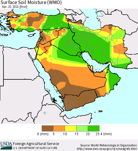 Middle East and Turkey Surface Soil Moisture (WMO) Thematic Map For 4/19/2021 - 4/25/2021