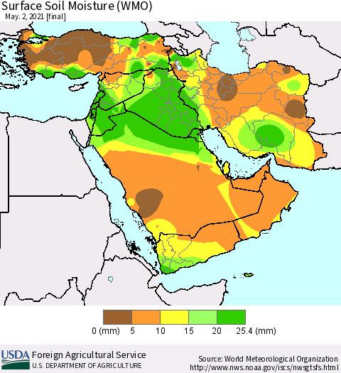 Middle East and Turkey Surface Soil Moisture (WMO) Thematic Map For 4/26/2021 - 5/2/2021