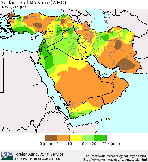 Middle East and Turkey Surface Soil Moisture (WMO) Thematic Map For 5/3/2021 - 5/9/2021
