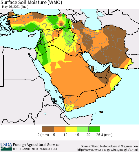 Middle East and Turkey Surface Soil Moisture (WMO) Thematic Map For 5/10/2021 - 5/16/2021