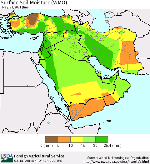 Middle East and Turkey Surface Soil Moisture (WMO) Thematic Map For 5/17/2021 - 5/23/2021