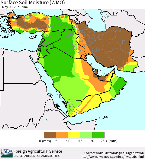 Middle East and Turkey Surface Soil Moisture (WMO) Thematic Map For 5/24/2021 - 5/30/2021