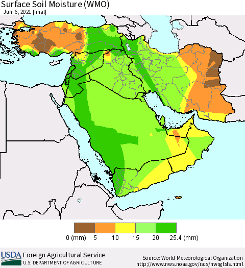 Middle East and Turkey Surface Soil Moisture (WMO) Thematic Map For 5/31/2021 - 6/6/2021