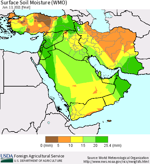 Middle East and Turkey Surface Soil Moisture (WMO) Thematic Map For 6/7/2021 - 6/13/2021