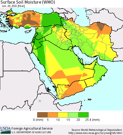 Middle East and Turkey Surface Soil Moisture (WMO) Thematic Map For 6/14/2021 - 6/20/2021