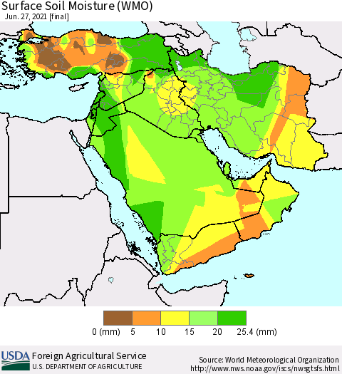 Middle East and Turkey Surface Soil Moisture (WMO) Thematic Map For 6/21/2021 - 6/27/2021