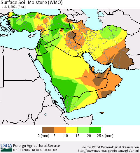 Middle East and Turkey Surface Soil Moisture (WMO) Thematic Map For 6/28/2021 - 7/4/2021