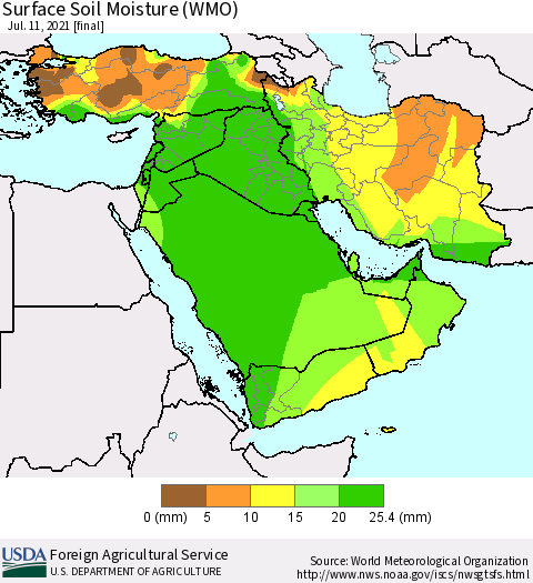 Middle East and Turkey Surface Soil Moisture (WMO) Thematic Map For 7/5/2021 - 7/11/2021