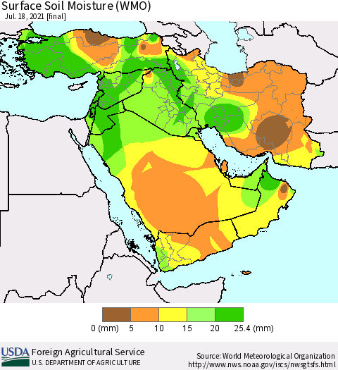 Middle East and Turkey Surface Soil Moisture (WMO) Thematic Map For 7/12/2021 - 7/18/2021