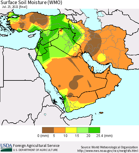 Middle East and Turkey Surface Soil Moisture (WMO) Thematic Map For 7/19/2021 - 7/25/2021