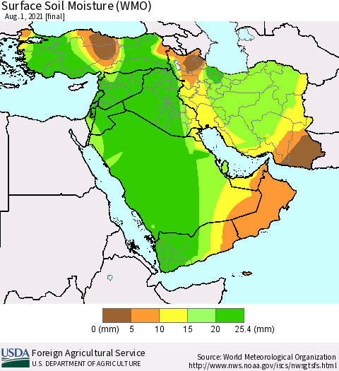 Middle East and Turkey Surface Soil Moisture (WMO) Thematic Map For 7/26/2021 - 8/1/2021