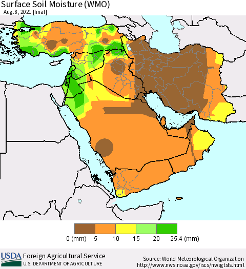 Middle East and Turkey Surface Soil Moisture (WMO) Thematic Map For 8/2/2021 - 8/8/2021