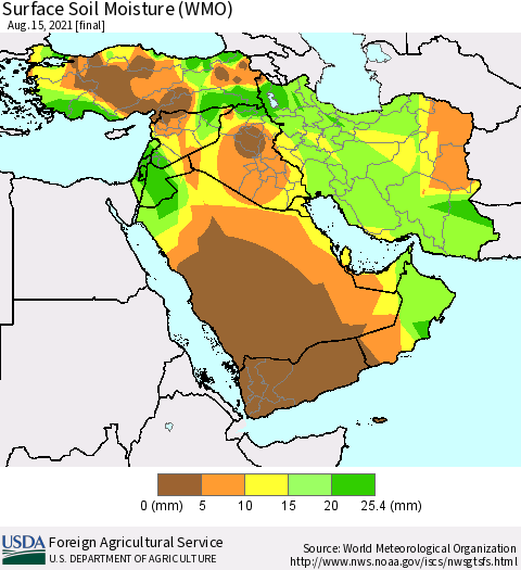 Middle East and Turkey Surface Soil Moisture (WMO) Thematic Map For 8/9/2021 - 8/15/2021