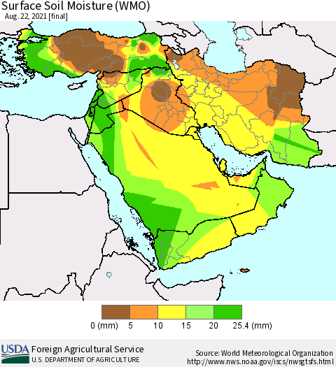 Middle East and Turkey Surface Soil Moisture (WMO) Thematic Map For 8/16/2021 - 8/22/2021