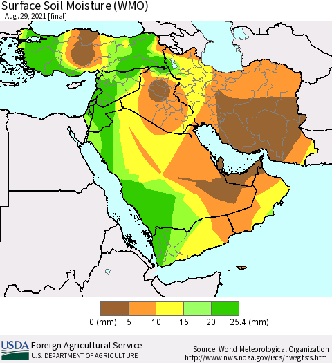 Middle East and Turkey Surface Soil Moisture (WMO) Thematic Map For 8/23/2021 - 8/29/2021