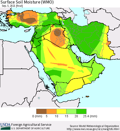 Middle East and Turkey Surface Soil Moisture (WMO) Thematic Map For 8/30/2021 - 9/5/2021