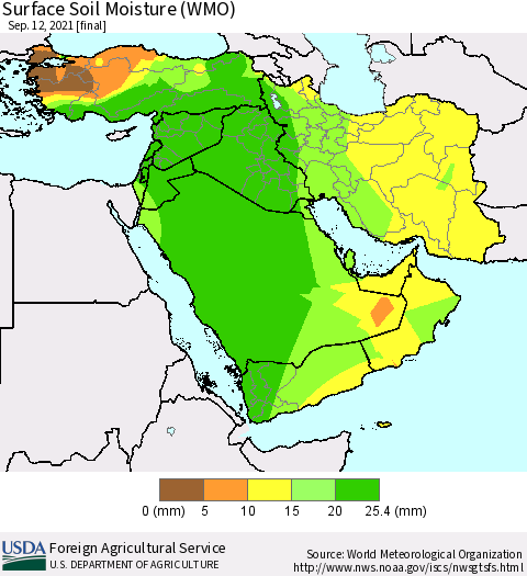 Middle East and Turkey Surface Soil Moisture (WMO) Thematic Map For 9/6/2021 - 9/12/2021