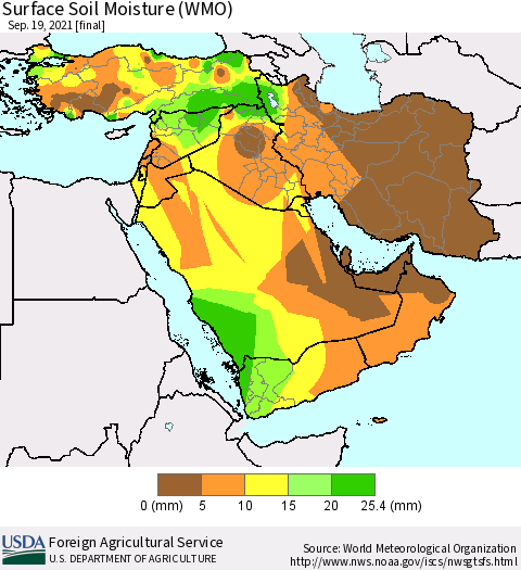Middle East and Turkey Surface Soil Moisture (WMO) Thematic Map For 9/13/2021 - 9/19/2021