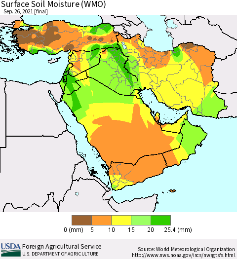 Middle East and Turkey Surface Soil Moisture (WMO) Thematic Map For 9/20/2021 - 9/26/2021