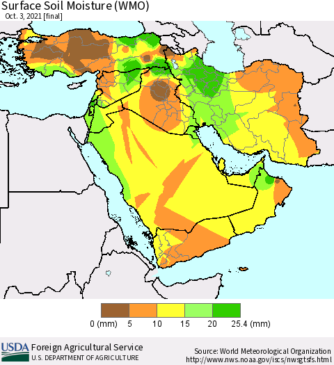 Middle East and Turkey Surface Soil Moisture (WMO) Thematic Map For 9/27/2021 - 10/3/2021