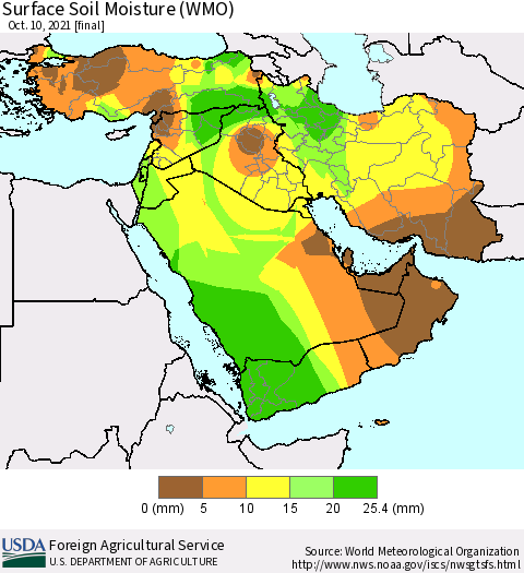 Middle East and Turkey Surface Soil Moisture (WMO) Thematic Map For 10/4/2021 - 10/10/2021