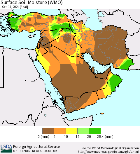 Middle East and Turkey Surface Soil Moisture (WMO) Thematic Map For 10/11/2021 - 10/17/2021