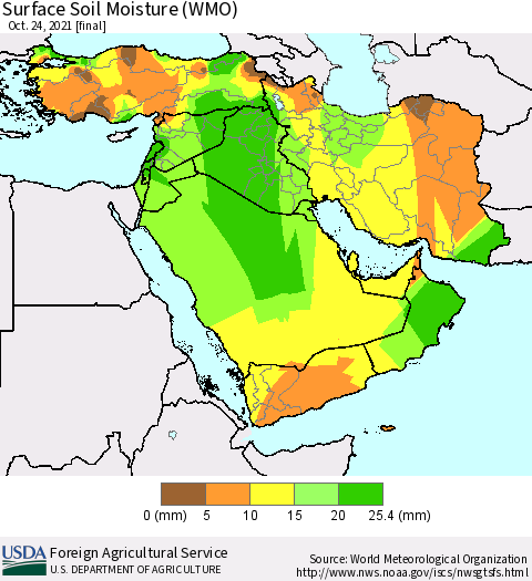 Middle East and Turkey Surface Soil Moisture (WMO) Thematic Map For 10/18/2021 - 10/24/2021