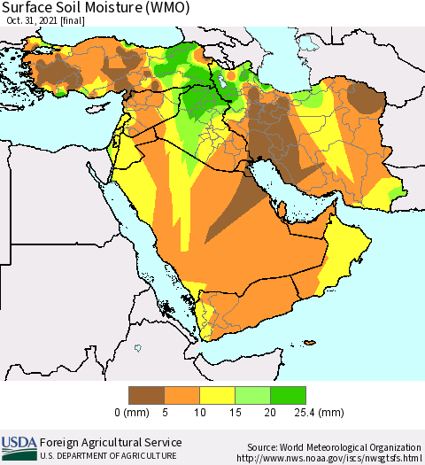 Middle East and Turkey Surface Soil Moisture (WMO) Thematic Map For 10/25/2021 - 10/31/2021