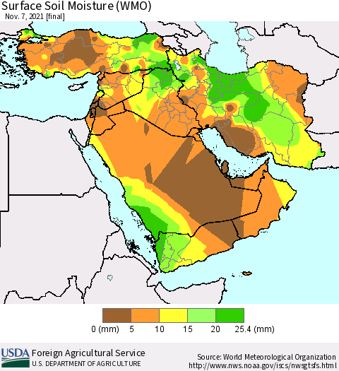 Middle East and Turkey Surface Soil Moisture (WMO) Thematic Map For 11/1/2021 - 11/7/2021