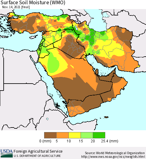 Middle East and Turkey Surface Soil Moisture (WMO) Thematic Map For 11/8/2021 - 11/14/2021
